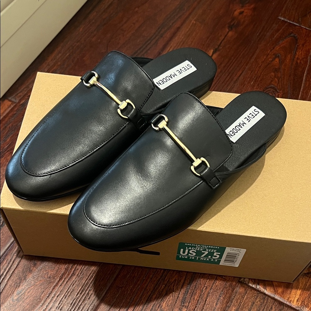 Steve Madden Black Mules with Gold Accent